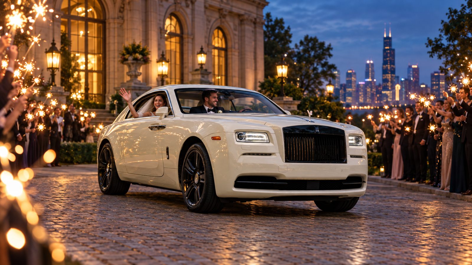 A white Rolls-Royce Wraith at a sparkler send-off with the Chicago skyline behind