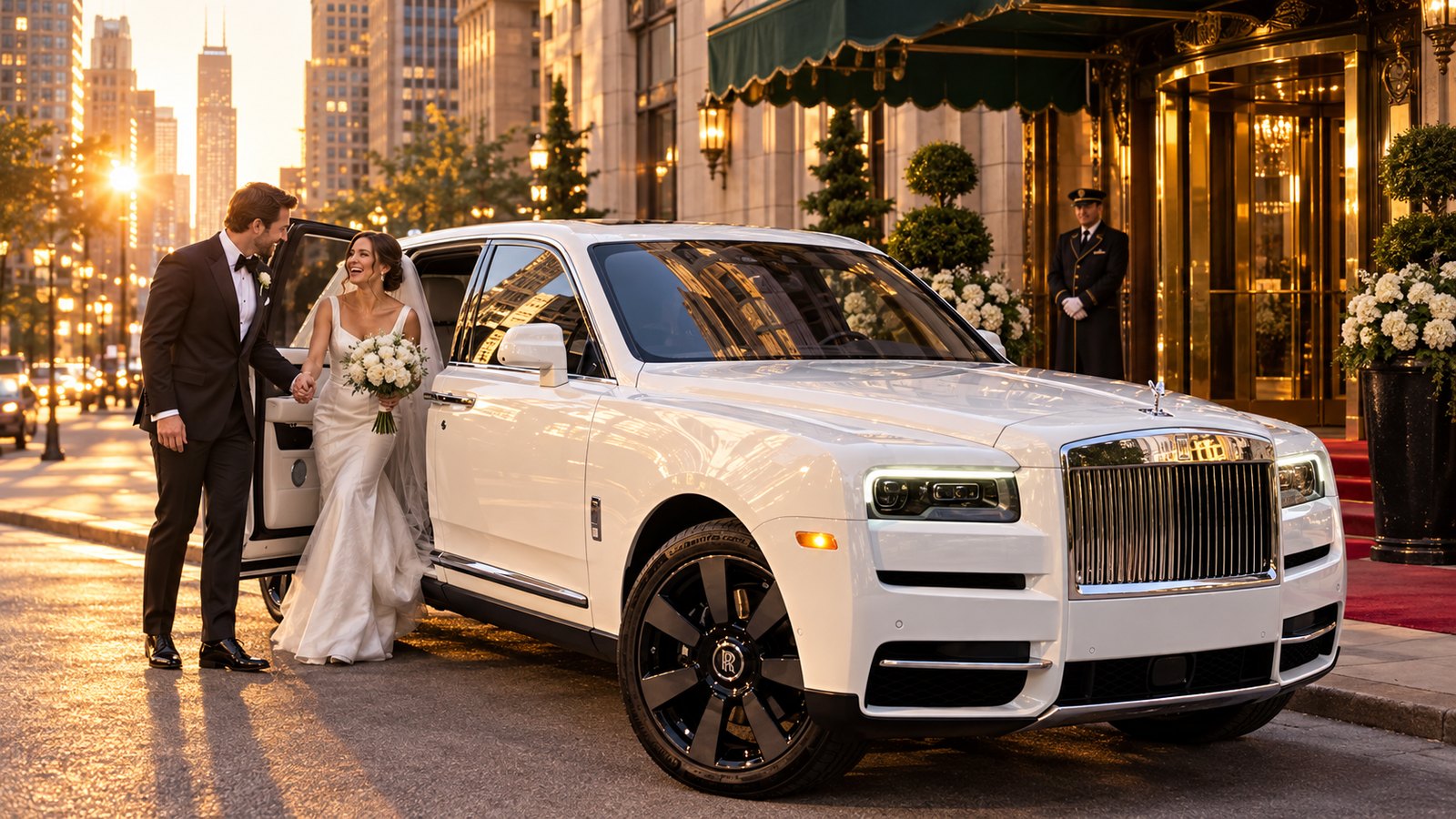 A bride and groom step out of a white Rolls-Royce Cullinan at a Chicago hotel entrance