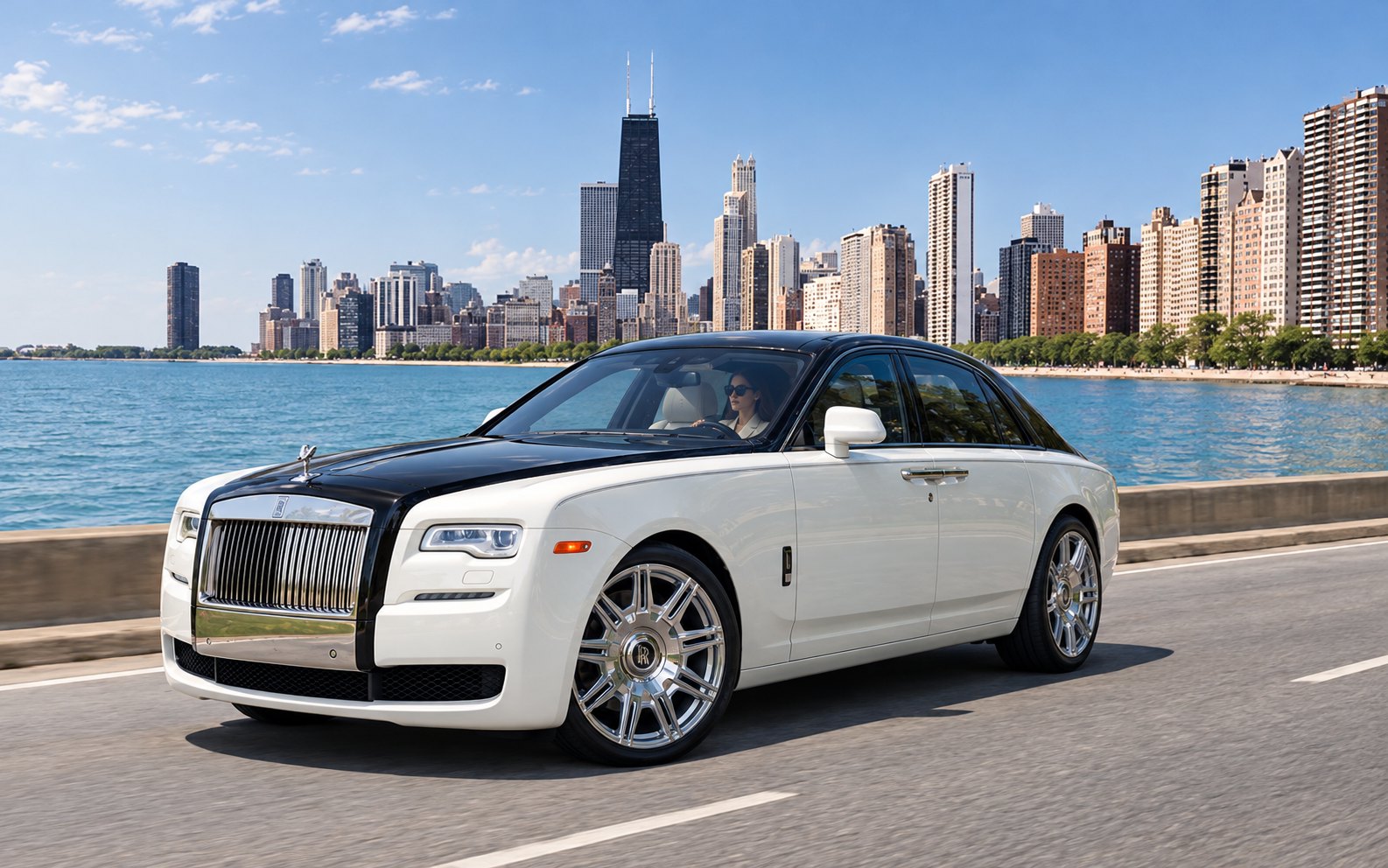 A two-tone Rolls-Royce Ghost on Lake Shore Drive, the Chicago skyline across the water
